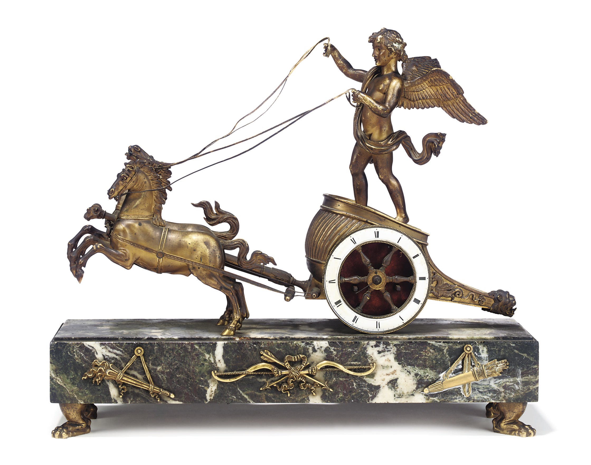 AN EMPIRE ORMOLU AND VERDE ANTICO CHARIOT MANTEL CLOCK