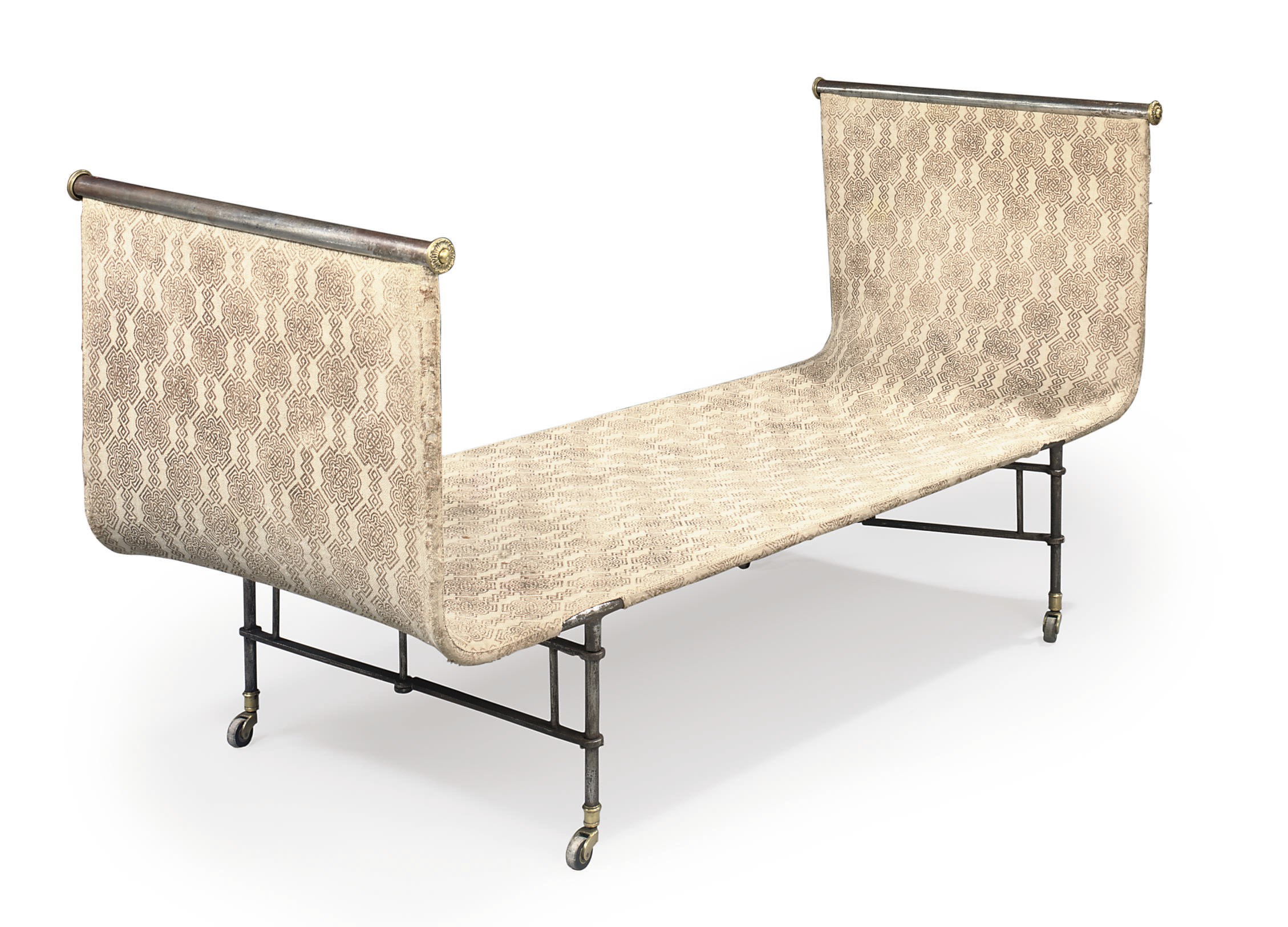 AN EMPIRE BRASS AND STEEL CAMPAIGN BED