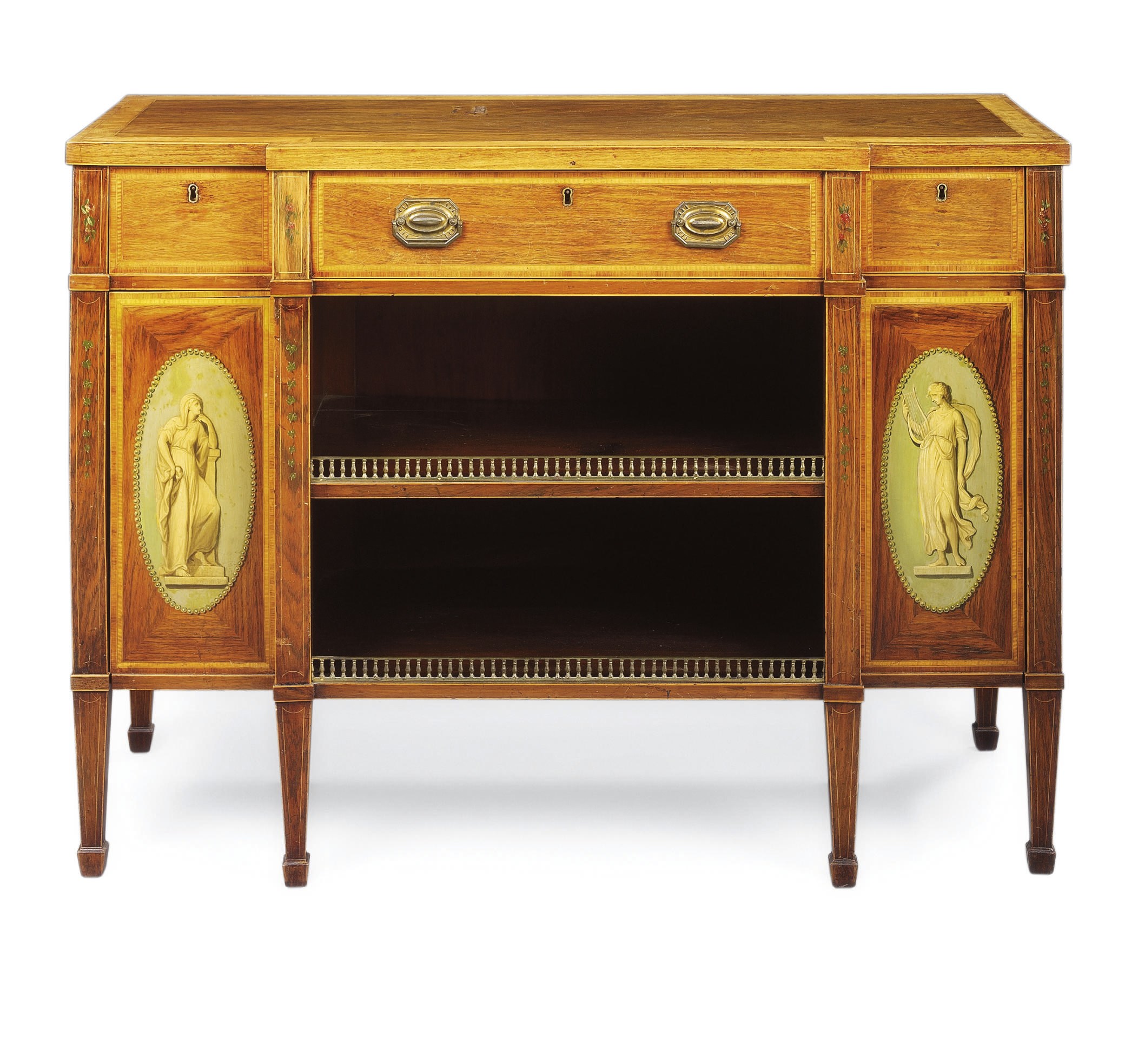 A GEORGE III ROSEWOOD, SATINWOOD AND PAINTED SIDE CABINET
