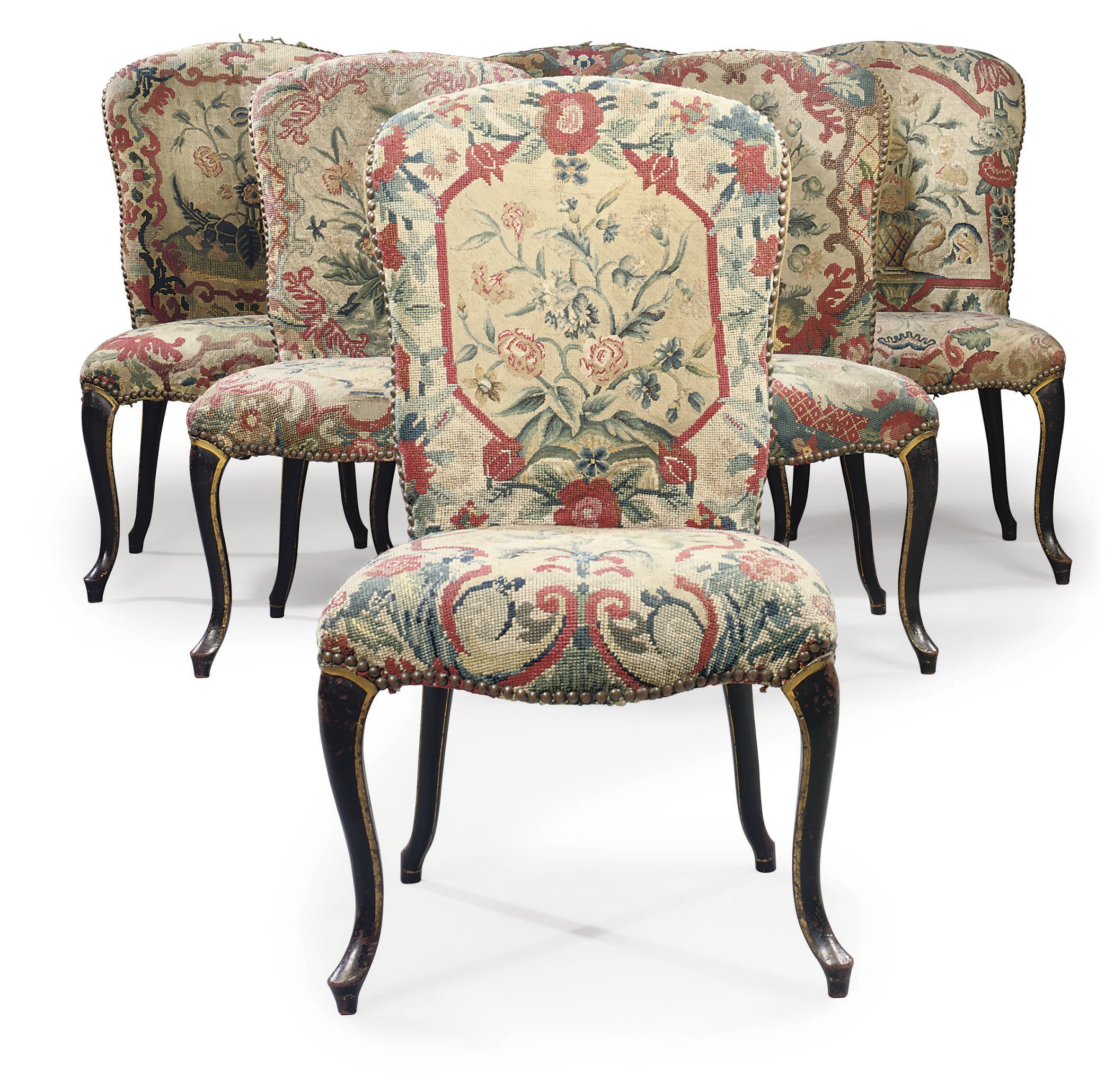 A SET OF SIX LATE GEORGE II EBONISED AND PARCEL-GILT MAHOGANY SIDE CHAIRS