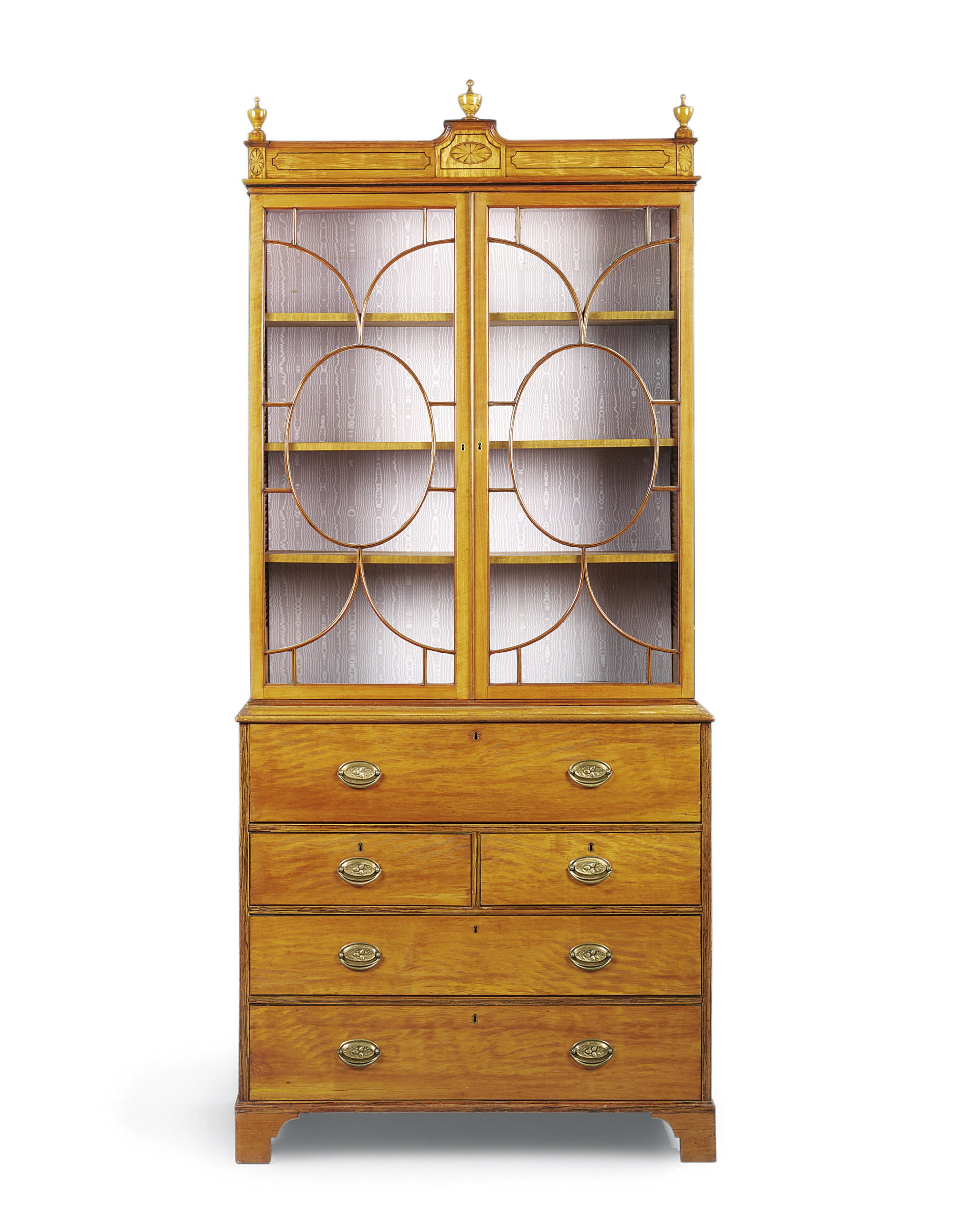 A GEORGE III SATINWOOD AND CALAMANDER MARQUETRY SECRETAIRE-BOOKCASE