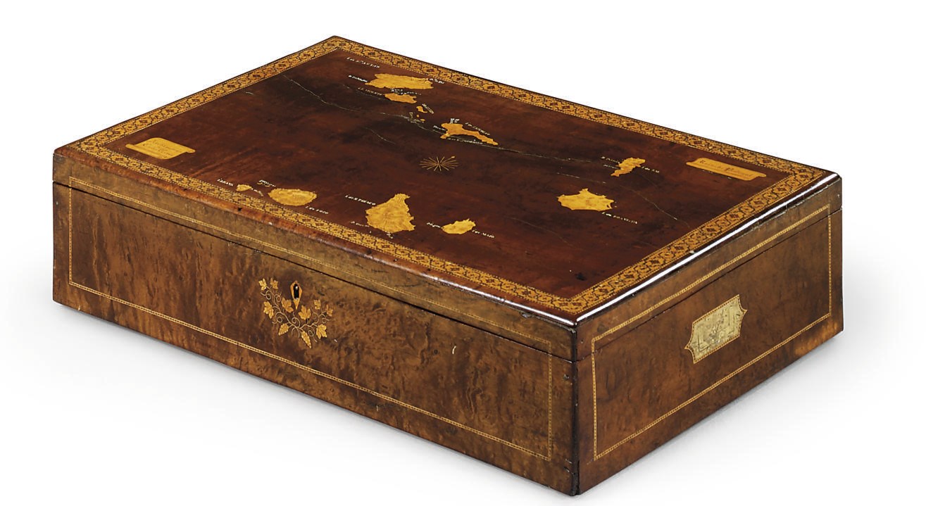 AN ANGLO-PORTUGUESE BURR EUCALYPTUS, ASH AND FRUITWOOD MARQUETRY CASKET