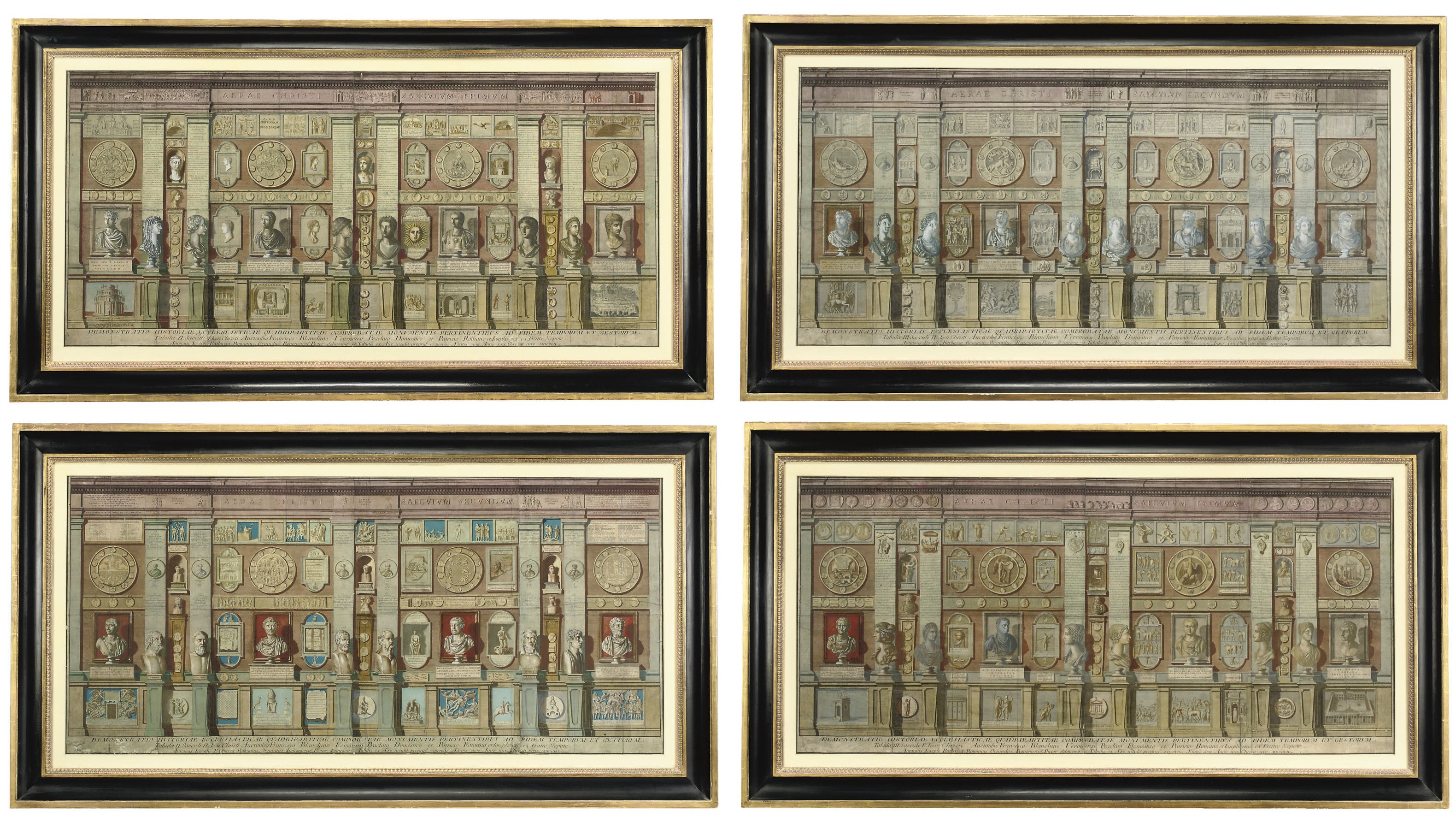 A SET OF FOUR ITALIAN HAND-COLOURED ENGRAVINGS OF A ROMAN INTERIOR