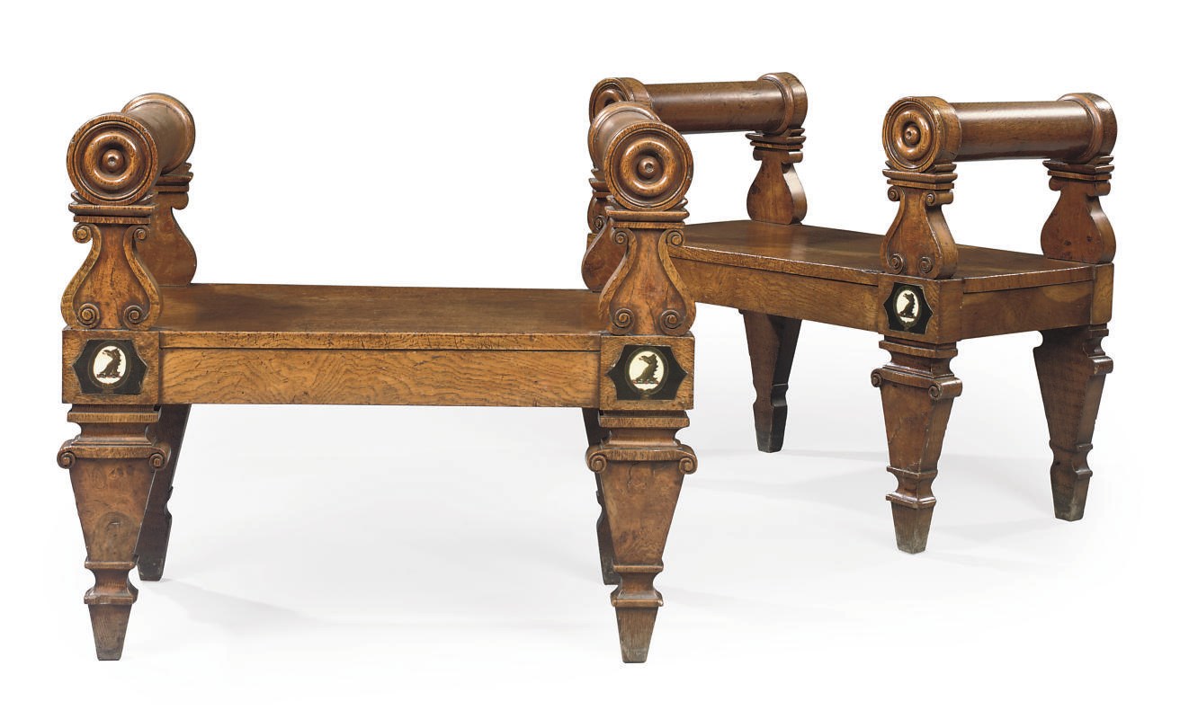 A PAIR OF WILLIAM IV OAK AND BROWN OAK STOOLS