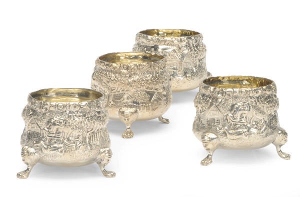 A PAIR OF VICTORIAN SILVER SALT CELLARS AND A MODERN MATCHING PAIR,