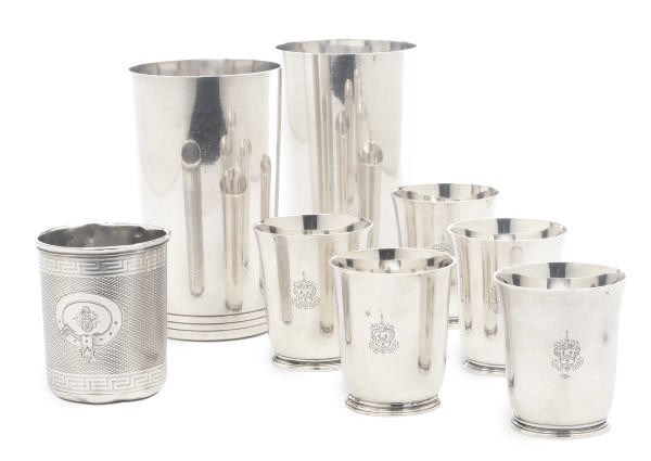 A SET OF FIVE SMALL AMERICAN SILVER BEAKER CUPS, A LARGE PAIR OF BEAKER CUPS, AND A GROUP OF SIX VARIOUS AMERICAN AND CONTINENTAL SILVER BEAKER CUPS,