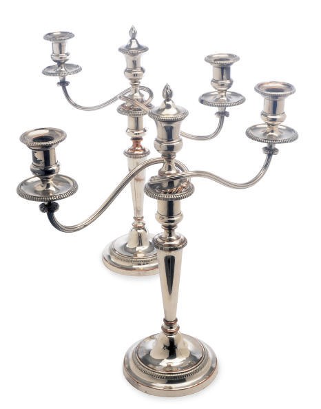 A PAIR OF SHEFFEILD-PLATED THREE-LIGHT CANDELABRA,