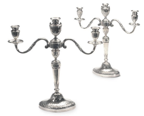 A PAIR OF VICTORIAN SILVER THREE-LIGHT CANDELABRA,