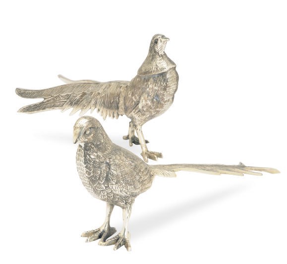 A PAIR OF INDIAN SILVER-PLATED MODELS OF PHEASANTS,