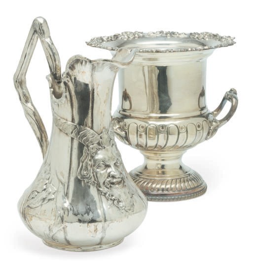 A PAIR OF SILVER-PLATED WINE COOLERS WITH LINERS, A FRENCH SAUCE BOAT AND LADLE, AND A CONTINENTAL PITCHER MODELED WITH A SATYR,