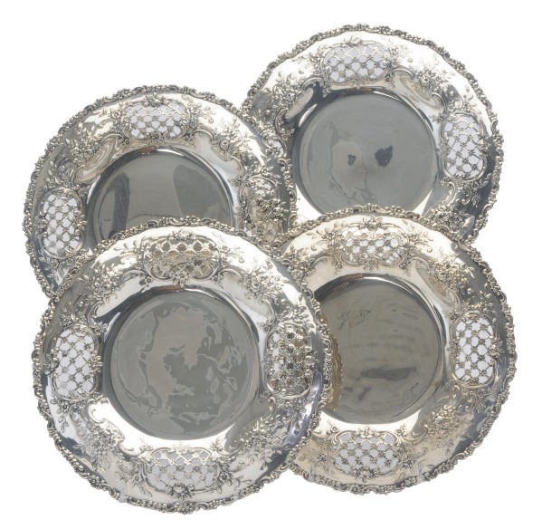 FOUR AMERICAN SILVER PLATES WITH PIERCED RIMS,