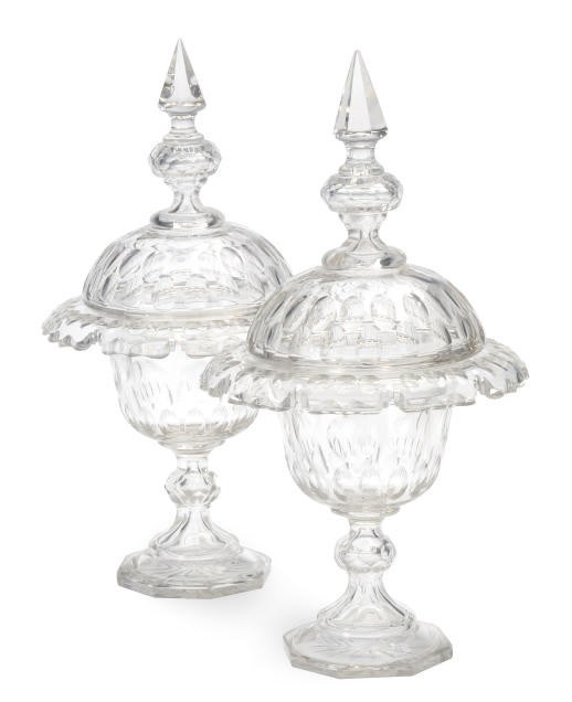 A PAIR OF ENGLISH CUT GLASS SWEETMEAT DISHES AND COVERS,