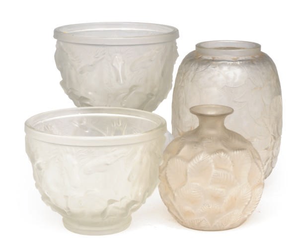 A FRENCH MOLDED GLASS 'LANGUEDOC' VASE, A SMALL GLOBULAR VASE AND A PAIR OF BOWLS,