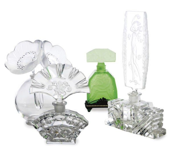 TWO GLASS SCENT BOTTLES AND STOPPERS, SEVEN SIMILAR SCENT BOTTLES AND EIGHT STOPPERS,