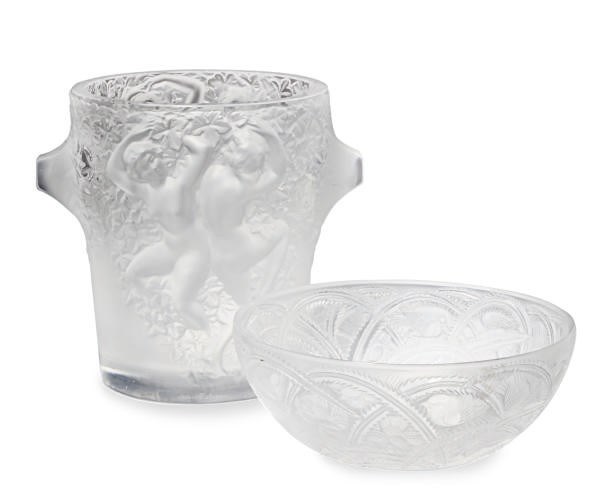 A FRENCH GLASS VASE MOLDED WITH DANCING NYMPHS AND A 'PINSONS' GLASS BOWL,
