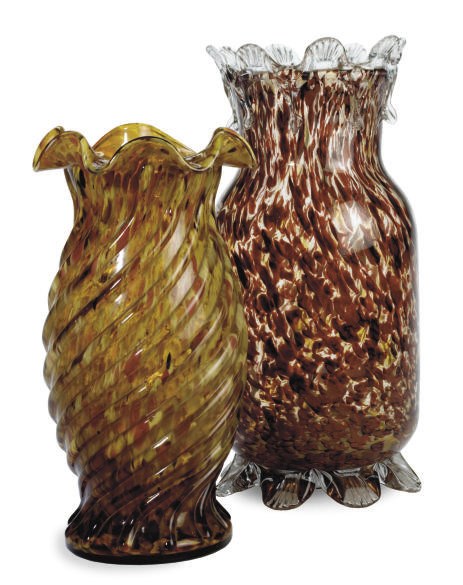 TWO PAIRS OF SPATTER GLASS VASES,