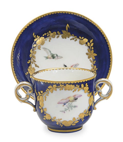 A FRENCH PORCELAIN BLUE-GROUND 'POT A TOILETTE' AND SAUCER,