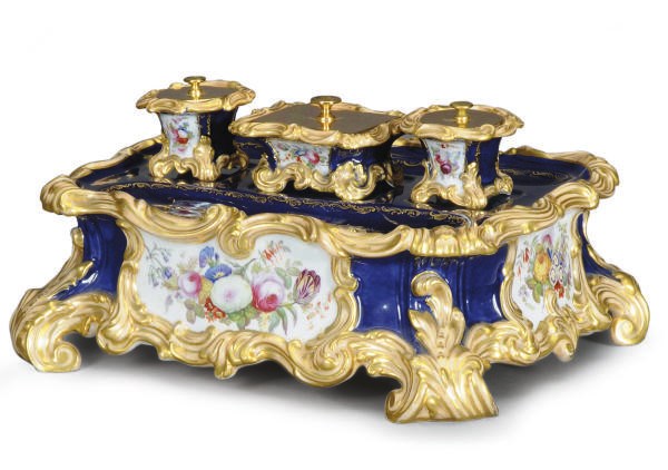 AN ENGLISH COBALT BLUE AND SALMON-GROUND INK STAND,