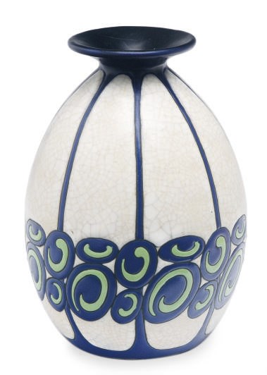 A BELGIAN POLYCHROMED-DECORATED EARTHENWARE VASE,