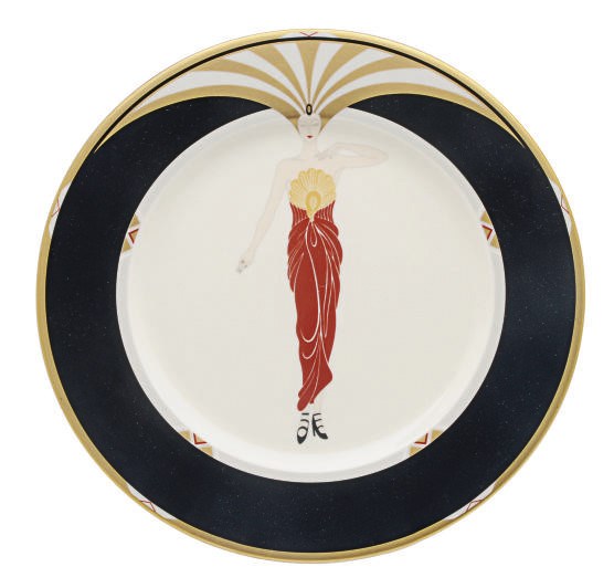 A SET OF SEVEN JAPANESE PORCELAIN ERTÉ DESIGNED ART DECO-STYLE CHARGERS IN 'LE SOLEIL EBONY' PATTERN,