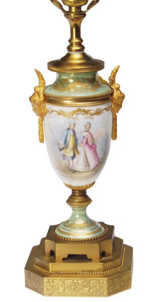 A GILT METAL-MOUNTED SÈVRES STYLE IRREDESCENT GREEN GROUND VASE MOUNTED AS A LAMP,