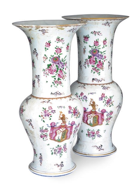 A PAIR OF FRENCH CHINESE EXPORT STYLE ARMORIAL LARGE YENYEN VASES,