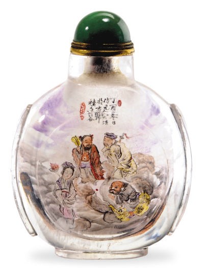 A CHINESE INSIDE-PAINTED CRYSTAL BOTTLE WITH THE EIGHT DAOIST IMMORTALS,