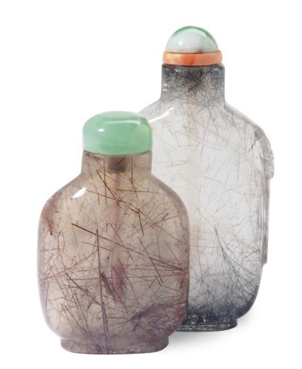 TWO CHINESE HAIR CRYSTAL SNUFF BOTTLES AND TWO STOPPERS,**