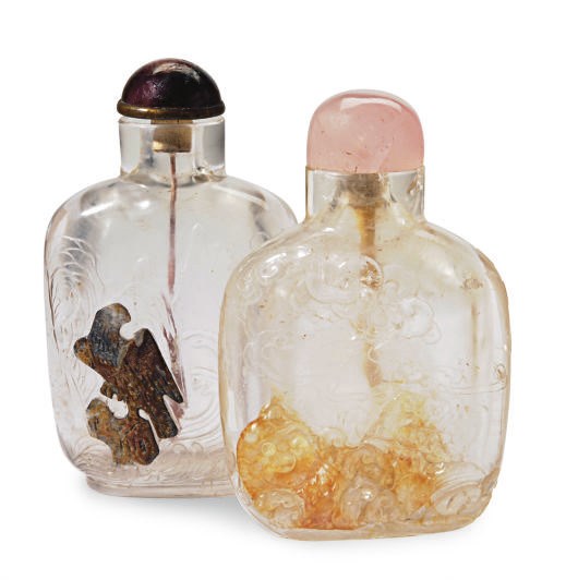 TWO CHINESE CARVED ROCK CRYSTAL SNUFF BOTTLES,**