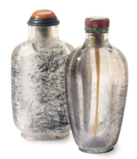 THREE CHINESE HAIR CRYSTAL SNUFF BOTTLES,**