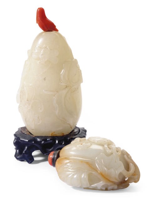TWO CHINESE CARVED WHITE JADE SNUFF BOTTLES,**