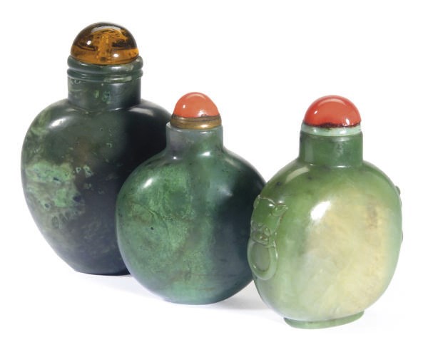 THREE SPINACH-GREEN JADE SNUFF BOTTLES,**
