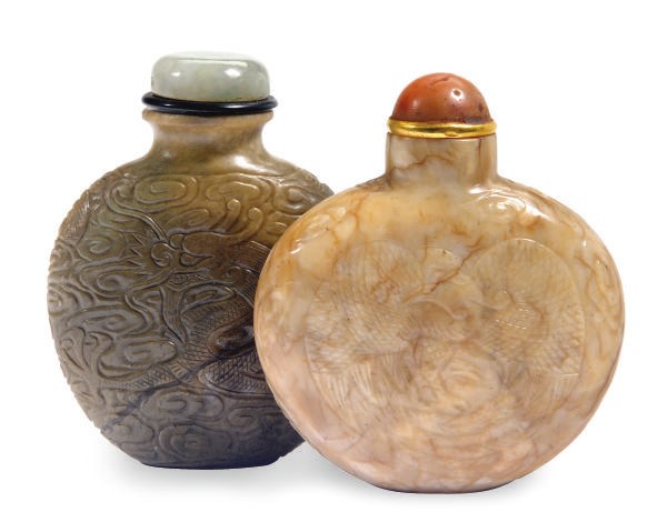 TWO CHINESE JADE SNUFF BOTTLES,**