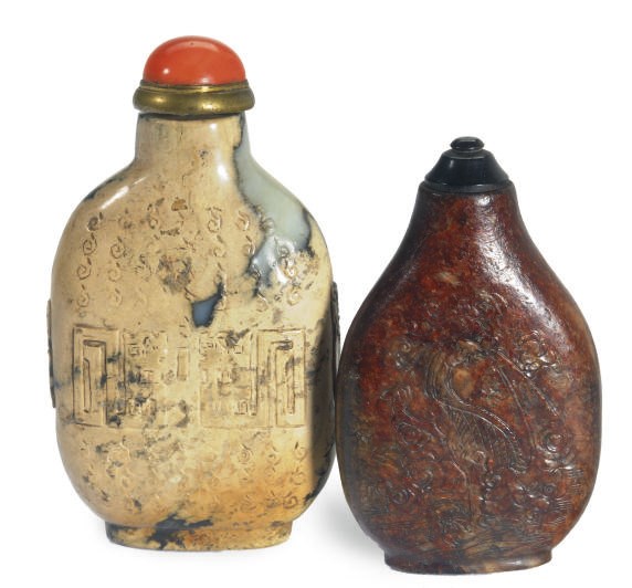 TWO CHINESE JADE SNUFF BOTTLE,**