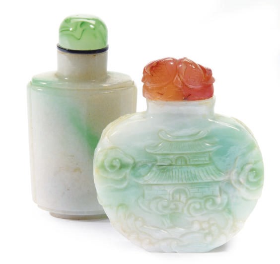 TWO JADEITE SNUFF BOTTLES,**