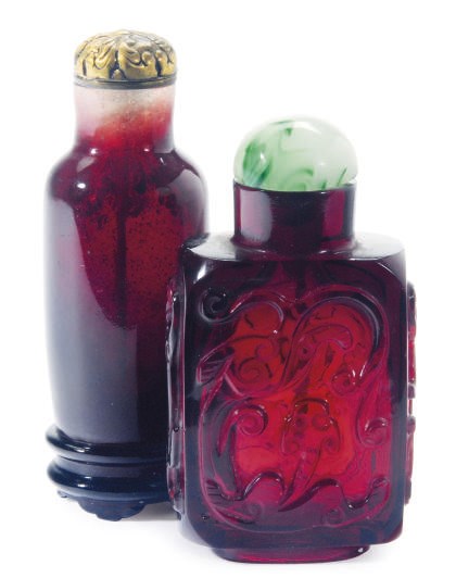 TWO CHINESE RED GLASS SNUFF BOTTLES,