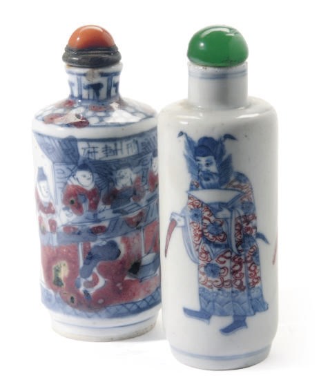 TWO CHINESE COPPER-RED AND COBALT-BLUE CYLINDRICAL SNUFF BOTTLES,**