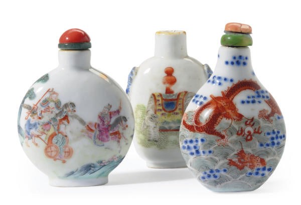 THREE CHINESE ENAMELED PORCELAIN SNUFF BOTTLES,**