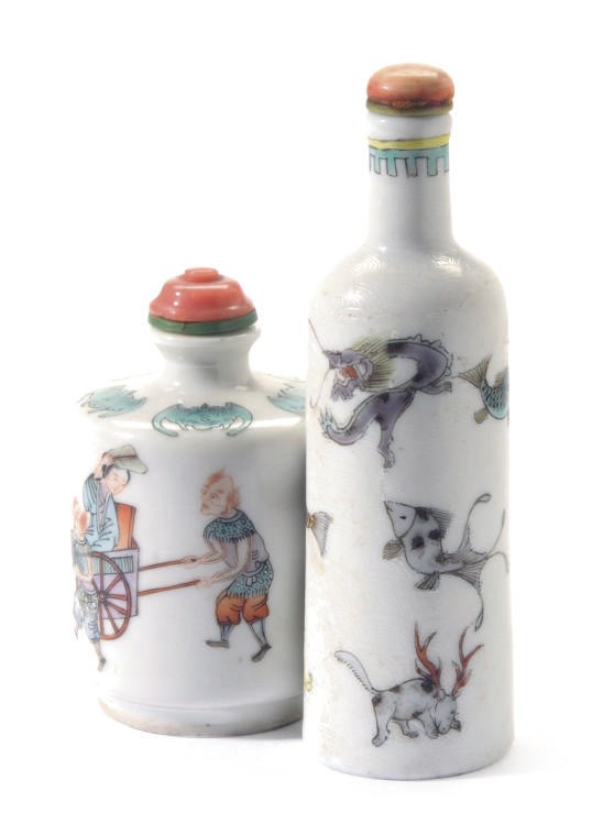 TWO CHINESE FAMILLE ROSE PORCELAIN SNUFF BOTTLES,**