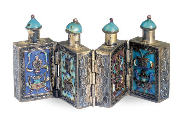 A CHINESE SILVER ENAMEL FOUR-CHAMBERED MEDICINE CONTAINER,