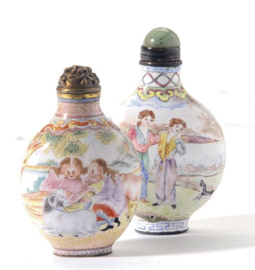 TWO CHINESE ENAMELED METAL 'EUROPEAN SUBJECT' SNUFF BOTTLES,**