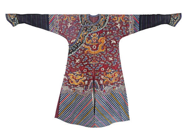A CHINESE SILK EMBROIDERED DARK RED GROUND DRAGON ROBE,