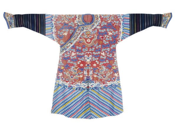 A CHINESE SILK KESI BROWN GROUND DRAGON ROBE,