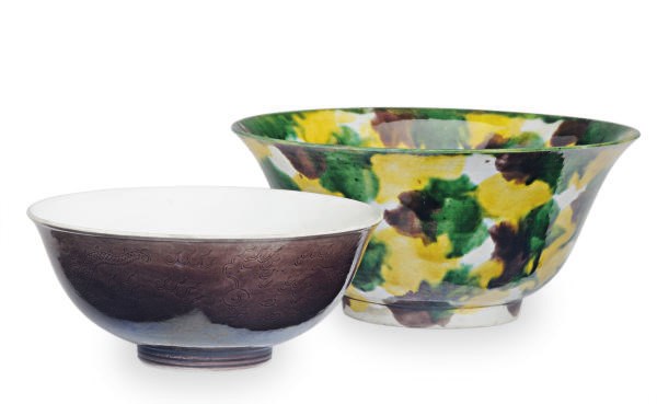A CHINESE PORCELAIN EGG-AND-SPINACH GLAZED BOWL AND AN AUBERGINE-GLAZED BOWL INCISED WITH DRAGONS,