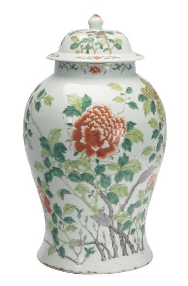 A CHINESE PORCELAIN FAMILLER VERT BALUSTER JAR AND COVER,