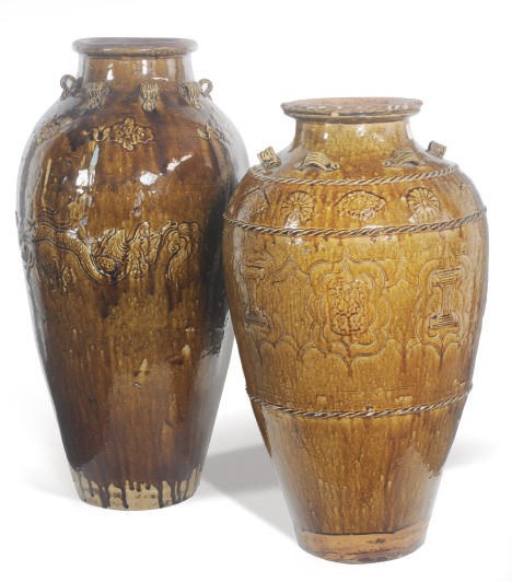 TWO LARGE CHINESE BROWN-GLAZED STORAGE JARS,