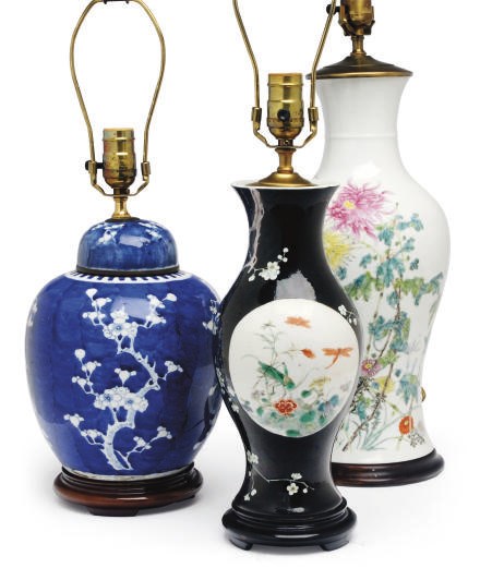 A GROUP OF THREE CHINESE PORCELAIN VASES, EACH MOUNTED AS A LAMP,