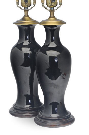 A PAIR OF SMALL CHINESE PORCELAIN BLACK-GROUND BALUSTER VASES MOUNTED AS LAMPS,