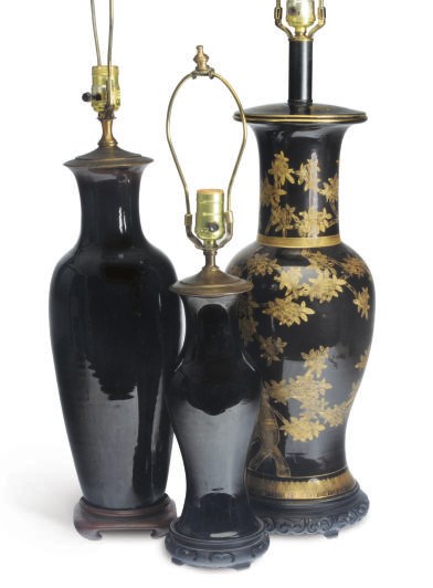 A LARGE CHINESE PORCELAIN GILT AND BLACK-GROUND YEN YEN VASE AND TWO SMALLER BLACK-GROUND VASES, EACH MOUNTED AS A LAMP,