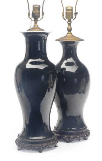 TWO CHINESE PORCELAIN BLACK-GOUND VASES MOUNTED AS LAMPS,